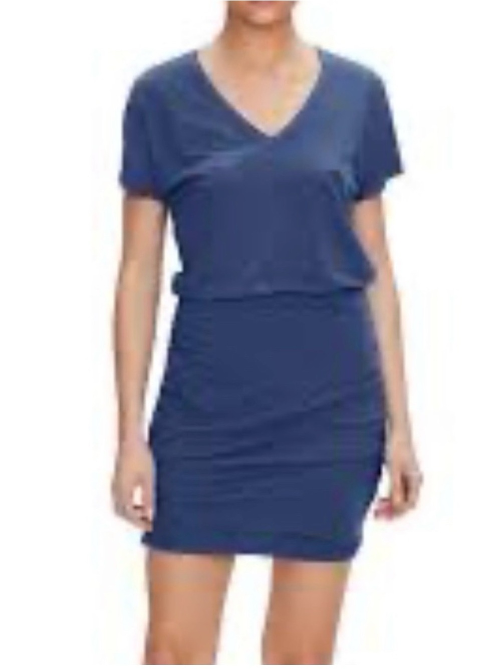 NWOT Michael Stars Blue V‑Neck Short Sleeve Ruched Odessa Dress